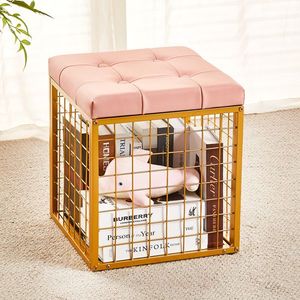 Pouf Contenitore in Rete di Ferro da 55L, Poggiapiedi in Ecopelle Dorata per Camera da Letto e Soggiorno, Sgabello e Pouf Multiuso - Product Image 4