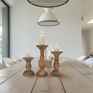 Modern Geometric Wooden Taper Candle Holder Set Handmade Decorative Candlestick Stand Home <b>Table</b> Decor - Product Image 2