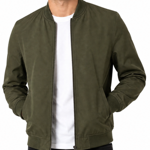 Best selling Men's Olive Green Solid Bomber <b>Jacket</b> Ribbed Stand Collar Full <b>Zip</b> <b>up</b> <b>jacket</b> - Product Image 2