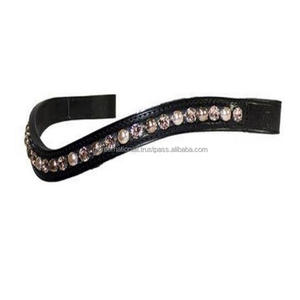 Banda de ceja de caballo de cuero genuino negro artesanal incrustaciones de canal vacío con cadena de perlas negras y grises grandes Fabricante Mayorista - Product Image 3