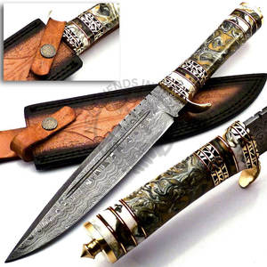 มีดล่าสัตว์เหล็กดามัสกัสทำมือรุ่นใหม่ พร้อมด้ามอะคริลิกทองเหลือง ใบมีดคมแบบตายตัว มีดโบวี่ มีดยุทธวิธี มีดเอาตัวรอด - Product Image 1