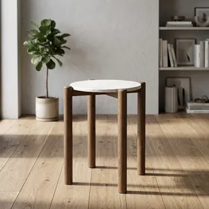 Modern Marble Top Side <b>Table</b> With Wooden Legs Minimalist Design Handmade Living Room Furniture - Product Image 1
