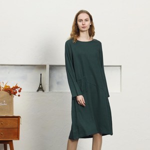 Vestido maxi de lino y algodón verde de lujo, liso, con cuello en V, corte holgado, manga larga, informal, de verano, para mujer. - Product Image 2