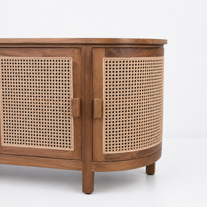 Commercial Hotel Teak Wood Sideboard Furniture Curved Cane Mesh Buffet <b>Storage</b> <b>Unit</b> Hospitality Modern Interior Project Credenza - Product Image 4