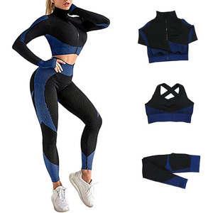 Conjunto de Yoga de 3 Piezas para Mujer, Chaqueta Corta con Cierre y Bloques de Color, Sujetador Deportivo, Leggings, Ropa Deportiva Ecológica con Elasticidad en Cuatro Direcciones para Gimnasio y Entrenamiento - Product Image 1