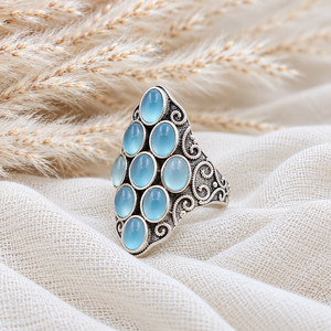 Multi Aqua Chalcedony Cluster <b>Ring</b> in Vintage 925 <b>Sterling</b> <b>Silver</b> Oxidized <b>Band</b> with Detailed Scroll Motifs Jewelry Collection - Product Image 1