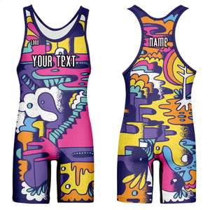 Combinaison de lutte unisexe violette ajustée en Spandex et Nylon extensible avec logo imprimé par transfert thermique sur le devant, vêtement de sport de combat - Product Image 2
