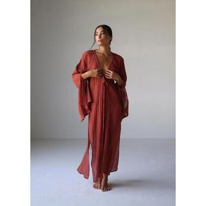 Women Rust <b>Red</b> Cotton Dress Deep V Neck Long Sleeve Boho Wrap Dress Beach Resort Vacation Wear - Product Image 3