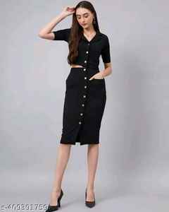 ชุดเสื้อเบลเซอร์เอวลอยมีสไตล์เก๋ไก๋มีกระดุมชุดกระโปรงผ้า laikra แขนสามส่วนชุดเดรสลำลองที่สง่างาม - Product Image 1