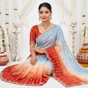 Traditional Indian Silk <b>Saree</b> For Women Wedding <b>Orange</b> Blue Gradient Embroidered Sari Regular Fit Floor Length Ethnic Wear - Product Image 5