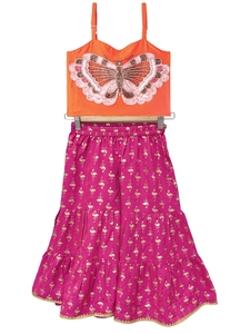 Haut sans manches tissé Twisha avec broderie placée et sharara imprimé - Orange et rose - Product Image 3