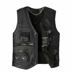 Men's <b>Black</b> PU Leather Moto Biker <b>Vest</b> Zipper Closure Multiple Pockets Windproof Autumn Winter Wear - Product Image 1