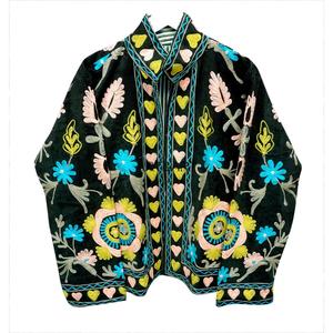 Hand Embroidered <b>Corduroy</b> <b>Jacket</b> <b>Women's</b> Stand Collar Autumn Regular Length Full Sleeve 100% Cotton Black With Colorful Pattern - Product Image 1