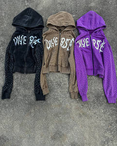 Custom Men's Boxy Zip Hoodie Oversized Heavyweight Vintage Stone Wash Print Distressed 3D Rhinestone Embroidery <b>Patch</b> <b>Applique</b> - Product Image 2