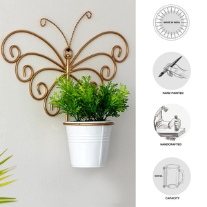 Jardinière murale en métal plaqué or de luxe avec pot blanc pour plantes vertes, pot à fleurs suspendu décoratif moderne - Product Image 4