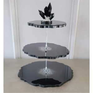 Moderno Soporte de Resina Epoxi Negra de 3 Niveles para Pasteles, Bandeja de Exhibición de Postres con Geoda de Ágata, Soporte Brillante para Cupcakes para Eventos y Fiestas - Product Image 3
