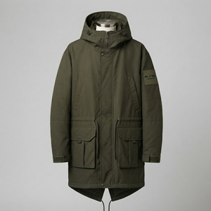 <b>Men</b> Olive Green Hooded <b>Utility</b> Parka <b>Jacket</b> Full Zip Outdoor Casual Workwear <b>Jacket</b> Multi Pocket Windbreaker - Product Image 1