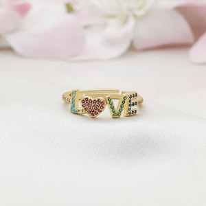 Gold-plated Sterling <b>Silver</b> Rainbow Zircon Pave Love Letter <b>Rings</b> Adjustable Size Romantic Wedding Party <b>Statement</b> <b>Rings</b> Women - Product Image 2