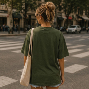 เสื้อยืดผู้หญิงลำลองทรงโอเวอร์ไซส์ คอกลม แขนสั้นแบบดรอปโชว์เดอร์ เนื้อผ้าถักพิมพ์ลาย ระบายอากาศได้ดี น้ำหนัก 280 กรัม ผลิตจากโพลีเอสเตอร์/คอตตอน - Product Image 2
