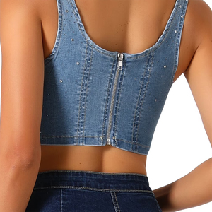 Women's Denim Tank <b>Top</b> Square Neck Sleeveless <b>Crop</b> <b>Top</b> With <b>Rhinestones</b> Button Front Mini Casual Summer Outfit <b>Tops</b> - Product Image 2