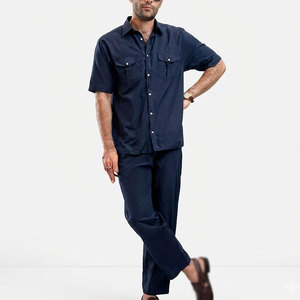 Premium Adults Men's <b>Camp</b> Collar <b>Shirt</b> Elastic Waist Straight Fit Pants Matching Set 100% Cotton Eco-Friendly Breathable Summer - Product Image 1