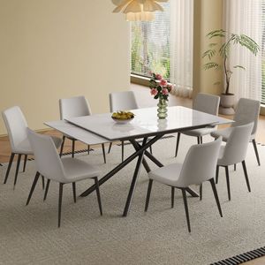 Set Tavolo da Pranzo Rettangolare Moderno con Piano in Pietra Sinterizzata Allungabile e Gambe in Acciaio al Carbonio Nero, Arredamento Elegante per Sala da Pranzo - Product Image 1