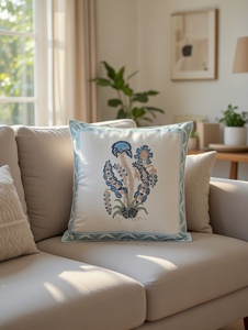 Decorative Blue Botanical Cotton Pillow Cover Hand Block Print Cushion Case for Sofa Couch Lounge Decor - Product Image 3