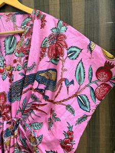 Women 100% Cotton Maxi Floral Bird Print Batwing Sleeve V-neck Eco-Friendly <b>Kaftan</b> Dress <b>Beach</b> Cover Boho Resort Wear Kimono - Product Image 2