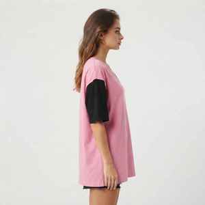 Camiseta Oversize de Mujer con Bloques de Color Rosa y Negro, Cuello en V, Ajuste Holgado, Manga Corta, de Algodón Jersey, Primavera Verano - Product Image 4