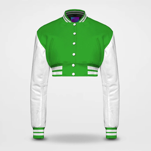 Green And <b>White</b> Varsity <b>Jacket</b> With Button Closure Preppy Style Autumn Wear Regular Fit Unisex <b>Short</b> Length PU Material - Product Image 1