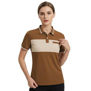 Polo pour homme en maille tricolore marron à manches courtes, décontracté, avec poche - Product Image 2