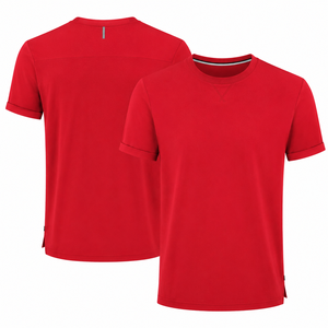 T-shirt rouge à manches courtes pour homme, col rond, coupe classique, couleur unie, tricoté, teint uni, décontracté - Product Image 1