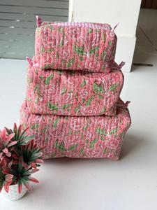 Vintage Floral Quilted <b>Toiletry</b> <b>Bags</b> Cosmetic Organizer <b>Bag</b> <b>Large</b> Multi-Function Textile Makeup Pouch With Striped Ties - Product Image 3