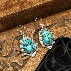 925 Sterling Silver Natural <b>Turquoise</b> Dangle <b>Earrings</b> Handmade Blue Stone Vintage Gemstone Jewelry Wholesale Supplier - Product Image 3