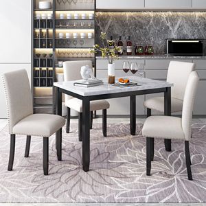 Set da Pranzo in Finto Marmo 5 Pezzi Bianco/Beige e Nero Include Tavolo con Cuscini Spessi e 4 Sedie per Arredamento Casa - Product Image 2
