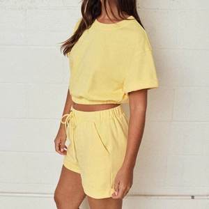 Custom Women's Solid Cozy Two Piece <b>Set</b> Oversized Cropped Elastic Hem T Shirt Drawstring Shorts Loungewear <b>Set</b> Manufacturer - Product Image 2