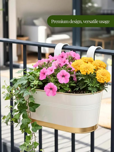 Jardinière murale en métal blanc avec bordure dorée, pot de fleurs suspendu pour jardin, pot de fleurs décoratif en métal, jardinière de fenêtre, conteneur pour plantes - Product Image 6