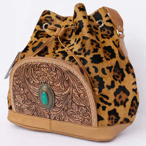 <b>Men's</b> Vintage Handmade Eco-Friendly Genuine Leather Zipper Closure Bucket <b>Bag</b> with Leopard Print Hairon and Turquoise Concho - Product Image 1