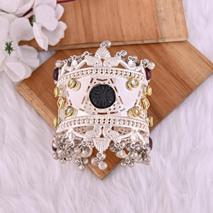 Garnet Hydro & Black Onyx & Kundan Ethnic Cuff <b>Bracelet</b> | Silver Plated Brass Jewelry - Product Image 5
