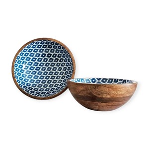 Decorative Wooden <b>Bowl</b> with Blue Lattice <b>Enamel</b> Interior and Matching Wooden Spoons for Elegant Serving Style Classic - Product Image 2