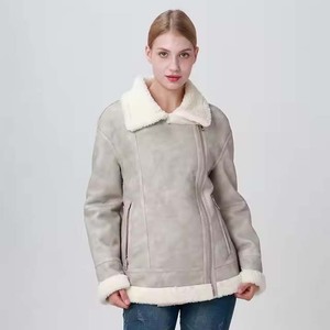 Women Shearling Bomber <b>Jacket</b> With Fur Trim Zipper Closure Winter Warm Coat Full Sleeve <b>Suede</b> <b>Leather</b> Style - Product Image 3