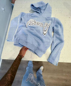 Heavyweight Distressed Casual Wear Men's <b>Flared</b> Tracksuits Boxy Black <b>Red</b> Cropped Acid Washed <b>Flared</b> Sweatpants Hoodie Set - Product Image 4