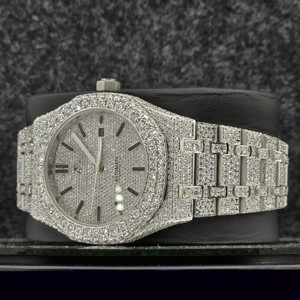 Reloj Automático con Diamantes Moissanite para Hombre y Mujer, Chapado en Blanco, Claridad VVS, Esfera Romana Totalmente Adornada, Correa Redonda de Acero Inoxidable de 20 mm - Product Image 3