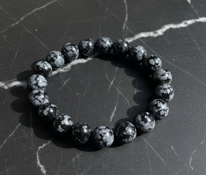 Handmade AAA Snow Flake obsedian Round Bead Bracelet – Polished Gemstone Stretch Bracelet for <b>Men</b> & Women - Product Image 1
