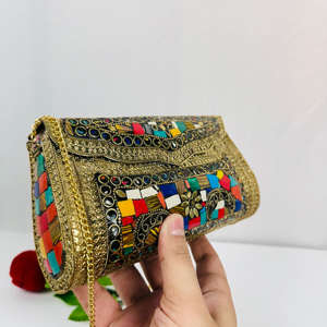 Modern Luxury Antique-Style Ladies Evening <b>Clutch</b> <b>Bag</b> Handmade Mother Pearl Metal Mosaic <b>Gold</b>-Plated Sculpture Multicolor Indian - Product Image 6