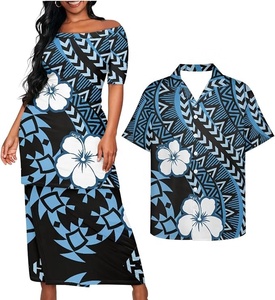 Robe Puletasi Samoane, Robes Sirène Imprimées Polynésiennes Grande Taille, Robes à Épaules Dénudées et Manches Mi-Longues - Product Image 1