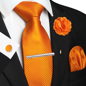 Corbatas a cuadros marrones y amarillas para hombre, conjunto de lujo de corbata de seda de 8 cm, pajarita, pañuelo de bolsillo y gemelos, accesorios para negocios, fiestas y bodas - Product Image 4