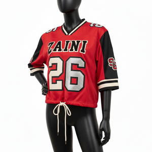 Camiseta de Fútbol Femenina, 190 GSM, Malla Deportiva de Poliéster, Paneles de Manga Rojos y Negros, Logotipo Personalizado Bordado, Camiseta de Fútbol Femenina de Algodón - Product Image 4