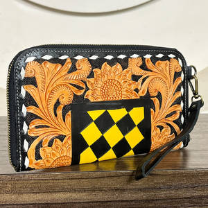 Nouveauté Super Septembre : Portefeuille pour femme en cuir véritable fait main, motif floral à carreaux, porte-cartes, pour usage quotidien - Product Image 2