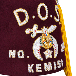Sombrero Fez D.O.S. color granate con borla, varios colores, servicio OEM, regalia masónica, material de fieltro/terciopelo, bordado a mano - Product Image 4